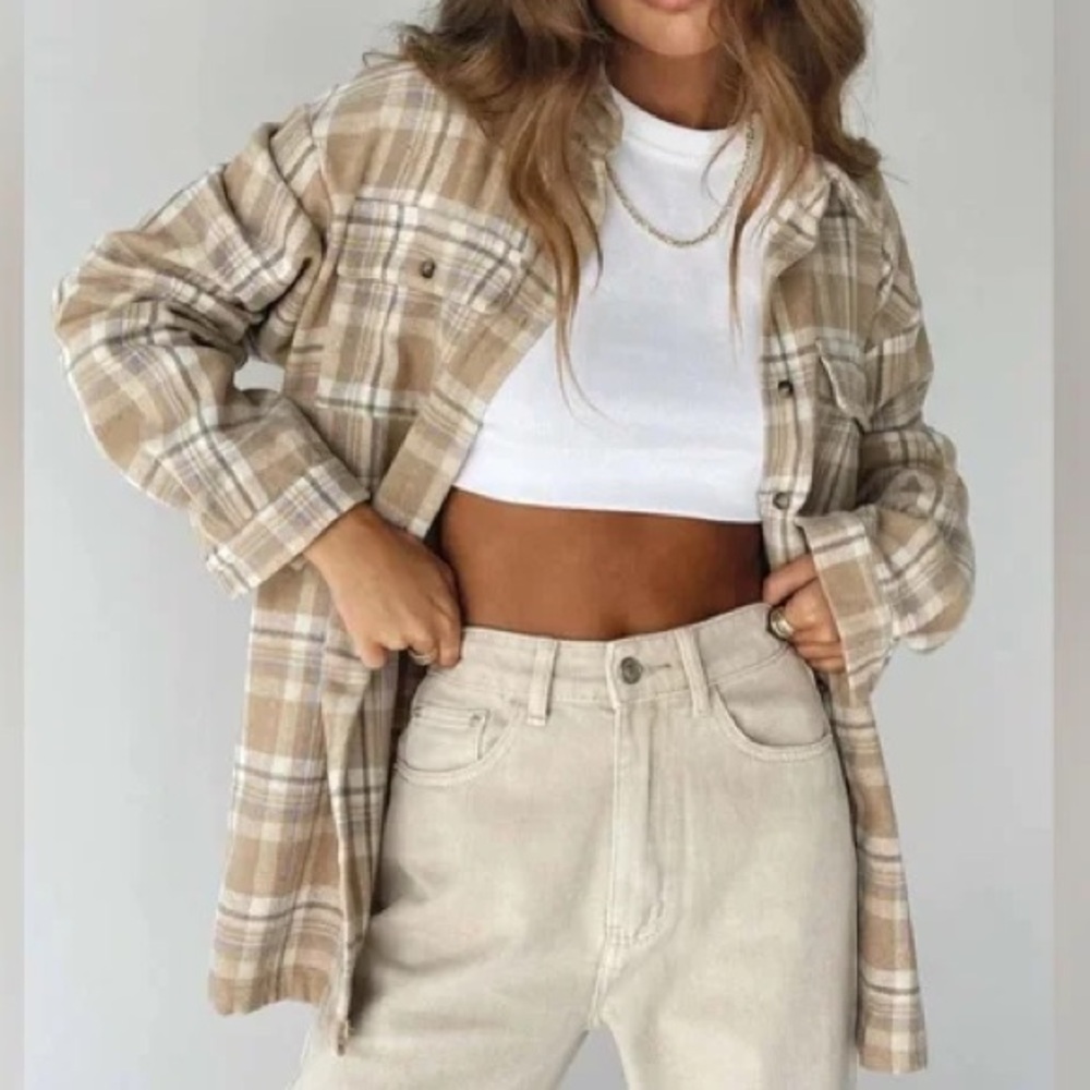 Princess Polly Tan & Beige Plaid Southern Flannel Overshirt